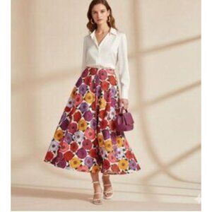 LA DOUBLEJ Holiday Poplin Button Front Maxi Skirt in Zinnie Floral Print Size XS
